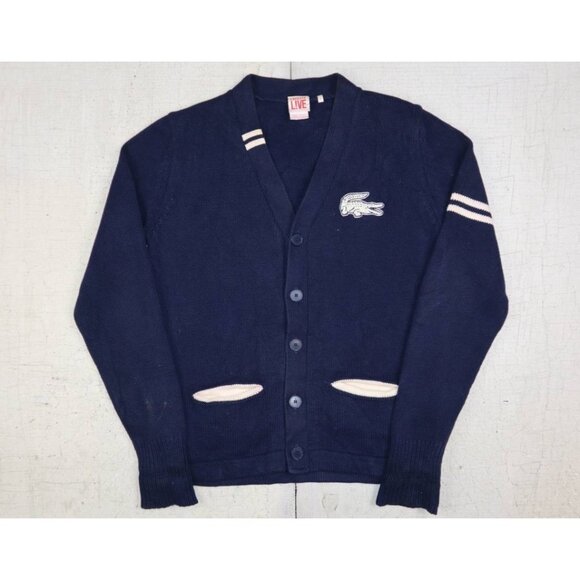 Lacoste Live Sweater Mens Medium Blue Varsity Cardigan French Made Wool Pockets - Picture 1 of 9